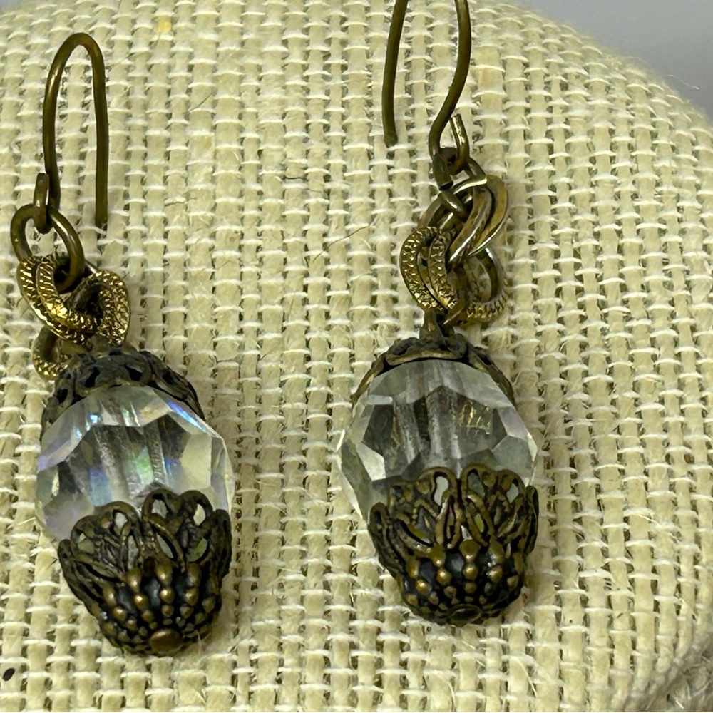 Vintage Clear Crystal‎ Glass & Bronze Casing Dangle Pierced Earrings Old Money